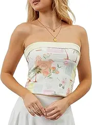 [Eutten] Strapless Reversible Foldover Tube Tops for Women Floral Print Summer Going Out Bandeau Sleeveless Backless Crop Tops