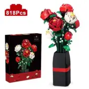 Creative Red Rose Vase Plants Model Building Blocks Moc Romantic Classic Flowers