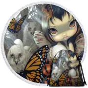 The Owl Fairy Owlyn in the Nest with Butterflies Round Beach Towel