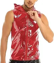 [AIEOE] Men's Patent Leather T-Shirt Wetlook Short Sleeve Shirt Sexy Muscle Shirt Shiny Party Outfit, red C, L