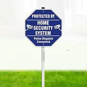 Protected By Home Security System Yard Sign with Stake,10" Reflective Metal Aluminum Yard Sign,Police Dispatch Connected Warning Sign, 28" total,Waterproof Outdoor Use Blue