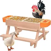 Chicken Feeder,Chicken Food Dispenser Waterer Set - Water Dispenser No Waste, Poultry Feeding Equipment with Wooden Table, Coop Accessories