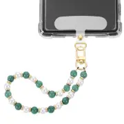 Phone Wrist Strap, Pearl Beaded Phone Charm with Tether Tab, Green & White
