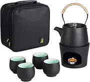 Travel Ceramic Teapot with Stovetop Warmer Gift Tea Set 1 Pot 4 Mini Cups Chinese Kung Fu Tea Pot Porcelain Teacups Portable Protective Bag for Outdoor Picnic Camping (Black)