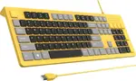 Computer Keyboard Wired, Plug Play USB Keyboard, Low Profile Chiclet Keys, Large Number Pad, Caps Indicators, Foldable Stands, Spill-Resistant, Anti-Wear Letters, Full Size, Yellow