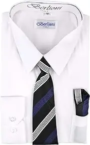 [Berlioni] Boy's Long Sleeve Dress Shirt, Necktie, and Hanky Set - White, Size 10