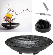 Eggone Japanese Ikebana Kit Floral Frog Flower Container with Kenzan Needle Straightening Tool - 1.57inch Black Flower Frog, 6.7inch Bowl Vase