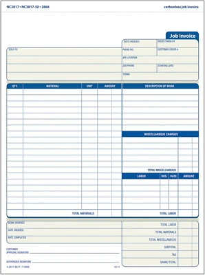 Job Invoice Forms, 2-Part Carbonless, for Service and Repair Billing, 100 Indivi