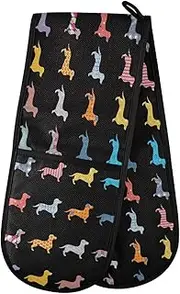 Long Double Oven Mitts, Animal Cute Dog Dachshund Heat Resistant Quilted Kitchen Oven Gloves with Loop Washable for Microwave Cooking Baking Grilling Barbecue, 7" x 35"