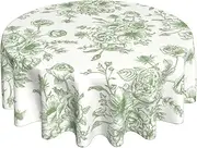 Spring Sage Green Floral Tablecloth Round 70 x 70 Inch Chioniserie Flowers Table Cloth Polyester Fabric Vintage Farmhouse Table Cover for Kitchen Party Dining Picnic Outdoor Decor