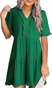 [Generic] Womens Dresses 2025 Summer Spring V Neck Short Sleeve Casual A Line Flowy Swing Shift Dress Mini Dress