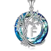 Elegant Initial A-Z Tree of Life Necklace in Sterling Silver & Blue Crystal Gem