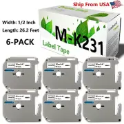 (6PK,Black on White) MK231 Label Tape M-K231 M231 for PT 70 PT 65 P Touch M Tape