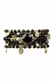 Black Leaf Charm Bracelet Set Stretch Boho
