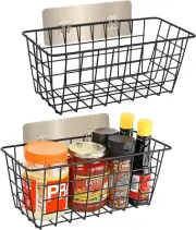 2 Pack Hanging Wall Basket Wire Storage Baskets, Adhesive Basket for Cabinet Doo