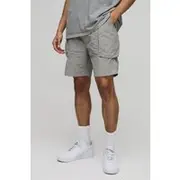 Mens Grey Elasticated Waist Relaxed Crinkle Nylon Cargo Shorts