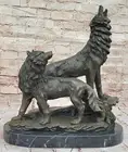 Wolf Pack Wolves Hybrid Dogs Bronze Marble Base Statue Sculpture Art Deco Figure