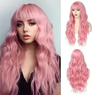 26 Inch Pink Wig With Bangs Long Wavy Wigs for Women Curly Wavy Wig With Bangs Natural Looking Synthetic Heat Resistant Fiber Wig for Daily Party Use