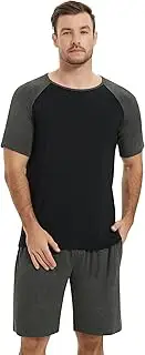 [NACHILA] Men's Bamboo Rayon Pajamas Short Sleeve Sleepwear Soft Raglan Pj Top and Pajama Shorts Set with Pockets S-XL