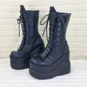 Void Black Matte Reflective Platform Wedge Mid Calf Boots IN HOUSE NY DEMONIA