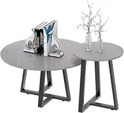 Nesting Coffee Table Center Table Set of 2 Luxury Accent Round Table Grey Sintered Stone Table Top Marble Natural Texture with Stable Metal Legs,Center Table for Living Room High-end Furniture