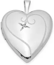 [JewelryWeb] 925 Sterling Silver Engravable Holds 2 photos Polished and satin and Diamond 20mm Sparkle Cut Love Heart Locket