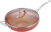 Copper Ceramic Wok with Glass Lid 30cm, Long Lasting Wok, Innovative Cookware, Double Layer Coating Wok, Suitable for All Cooking hobs, Copper Style - Orange