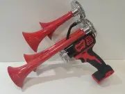 Milwaukee M18 Air Horn, QUAD Train Horn Compressor , Red Metal Trumpets 14"