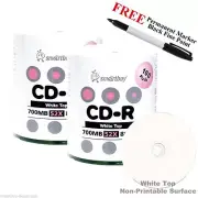 200 Smartbuy 52X CD-R 700MB White Top Blank Media Disc + Black Permanent Marker