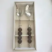 Salad Serving Set, Spoon & Fork, Amber Acrylic Handles & Silvertone, New in Box