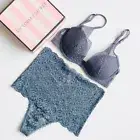 32D SMALL Victorias Secret steel blue plunge bra set high rise thong panties