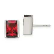 Stainless Steel Chisel Polished Red Cz Rectangle Post Earrings