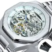 Silver Automatic Watch Men 3D Diamond Dial Irregular Tourbillon Skeleton Mechani