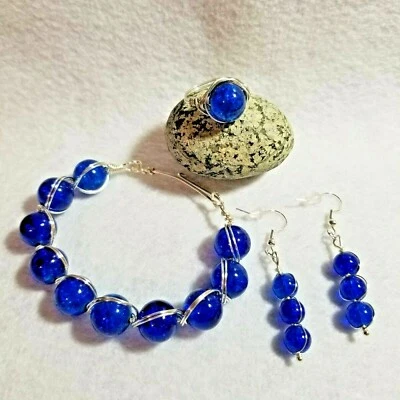Silver Blue Bead Bracelet - Ring sz 8 -Earrings Jewelry Set Artisan Hand Crafted