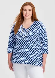 [TS] Taking Shape Ikat Peplum Luna Top Size 26 in Navy Lattice Print - Plus Size Women's Sale Navy Lattice Print