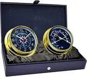 MASTER-MARINER Blue Mariner Collection, Nautical Cabin Gift Set, 5.75" Diameter Time & Tide Clock and Comfort Meter Instruments, Gold Finish, Blue Signal Flag dial