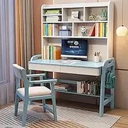Solid Wood Kids Study Table with Adjustable Height and Storage Drawers Blue