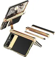 Designed for Google Pixel Fold 2023 Case, Hinge Protection Design Luxury Electroplated Gold Frame Lychee Pattern Leathe Back Cover with Stylus & Two Hinges for Pixel Fold 5G