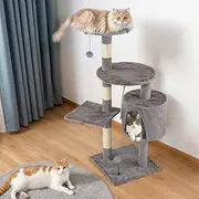 JFHID 112cm Cat Tower Tree, Natural Sisal-Covered Wooden Cat Climbing Tree with Scratching Posts, Multi-Level Cat Condo for Indoor, Stable Kitty Activity Center for Australian Homes (Light Grey Color)