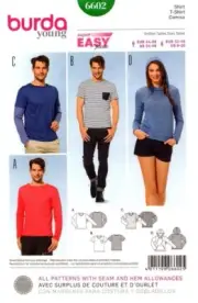 Burda Sewing Pattern 6602 Burda Young Tee Tshirt Shirt Hoodie Mens Womens