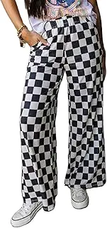 [UAURORAO] Women Checkered Sweatpants Wide Leg Y2k Plaid Pants Elastic High Waist Checkerboard Casual Trousers Pockets