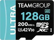 TEAMGROUP A2 Ultra Card 128GB Micro SDXC UHS-I U3 A2 V30, R/W up to 200/80 MB/s with Adapter TULMSDX128GIA2V3022503