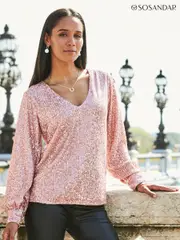 Sosandar Gold Sequin V-Neck Blouson Sleeve Top (N61169) | $134