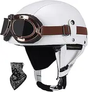 Vintage Open Face Motorbike Helmet Leather Motorcycle Helmet Half Shell Helmet with Personalized Goggle Fit Adult Men Women Cruiser Motorcycle DOT/ECE Approved