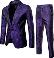 [JEShifangjiusu] Mens Shiny Sequins Blazer Floral Slim Fit Suit Jacket Stylish Tuxedo for Wedding, Prom, Banquet with Set Pants, Purple, 3XL
