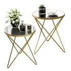 Modern Round Side Table Set of 2, End Table with Marble Effect Top and Gold M...