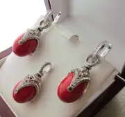 CORAL EARRINGS & PENDANT SET HANDMADE RUSSIAN SOLID STERLING SILVER 925