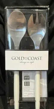 Gold Coast Always In Style White Handle Stainless Salad Spoon Fork Serving Set