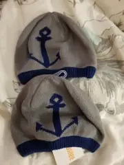 2 Gymboree STRIPES & ANCHOR Grey Blue Knit Sweater Cap Hat New With Tags Medium
