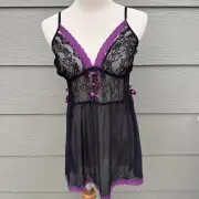ADORE ME Lace Cup Bra Top Bralette Lingerie Sz L Black Purple Cami Babydoll NWT